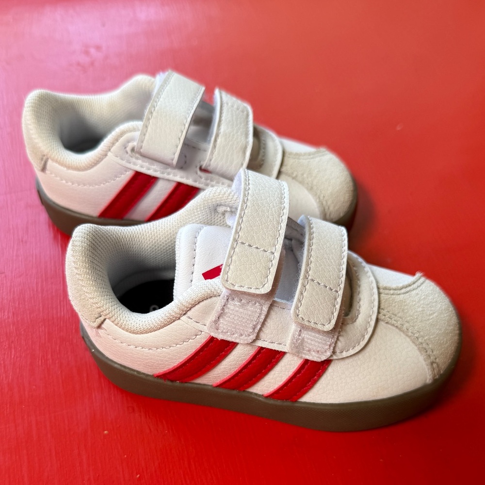 adidas Kids White Sneakers with Red Stripes - Velcro